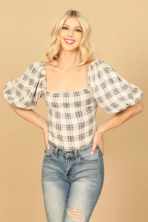 PUFF SLEEVE PLAID BODY SUIT