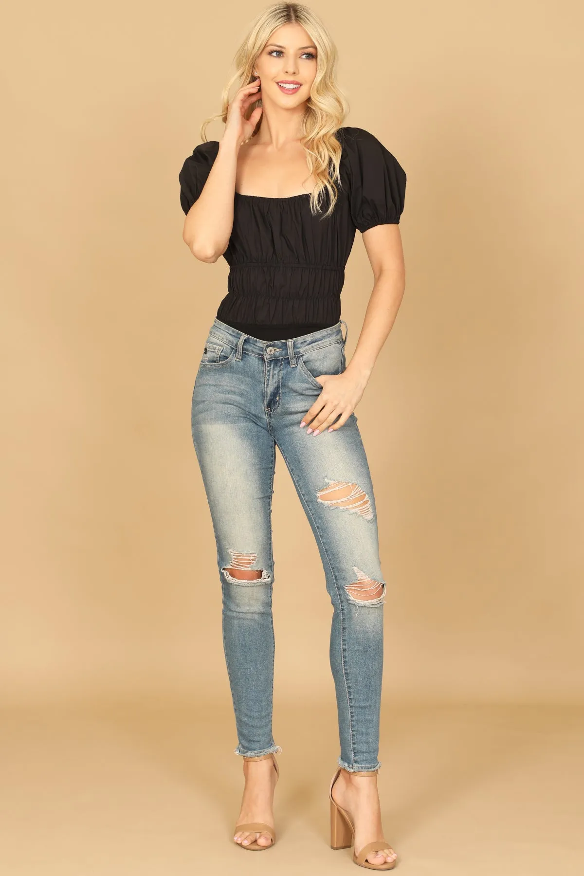 PUFF SLEEVE PLEATED BODYSUIT