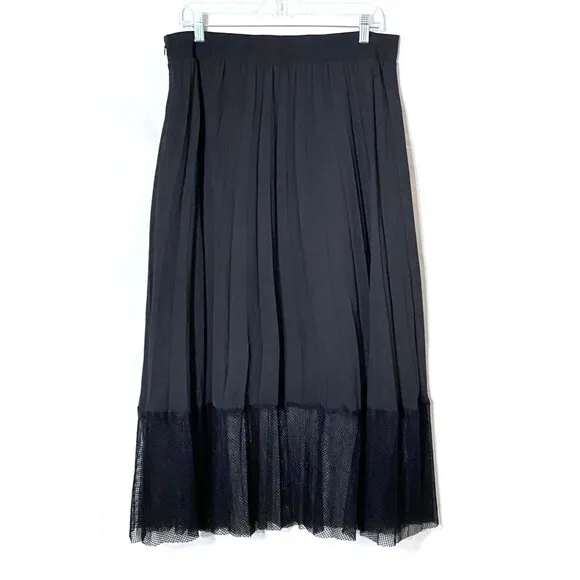 Rachel Roy Pleated Fishnet Hem Maxi Skirt Womens Size XXL Black Lined Side Zip