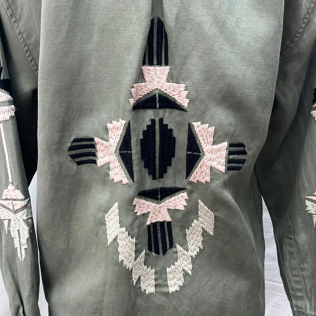 RAILS green Tencel Linen Aztec Embroidered Military Jacket -- XS
