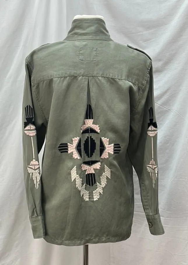 RAILS green Tencel Linen Aztec Embroidered Military Jacket -- XS