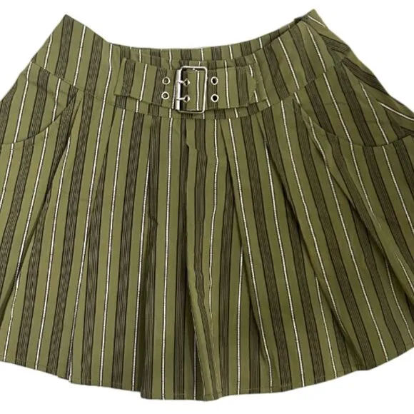 Reclaimed Vintage (ASOS) Y2K Belted Mini Skirt in Khaki Stripe ASO Emily Rudd