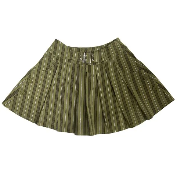 Reclaimed Vintage (ASOS) Y2K Belted Mini Skirt in Khaki Stripe ASO Emily Rudd
