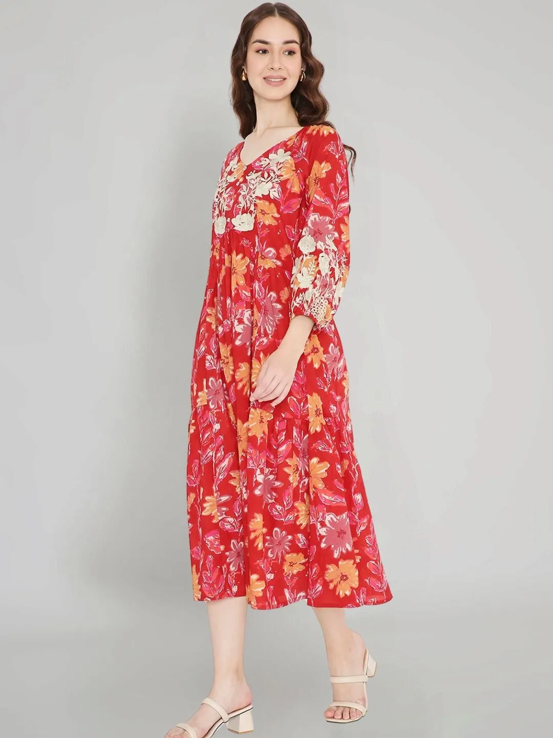 Red Floral Print Cotton Dress with Neck Embroidery