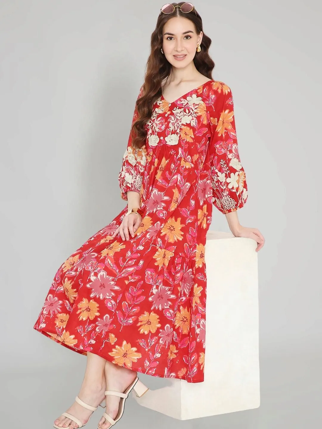 Red Floral Print Cotton Dress with Neck Embroidery