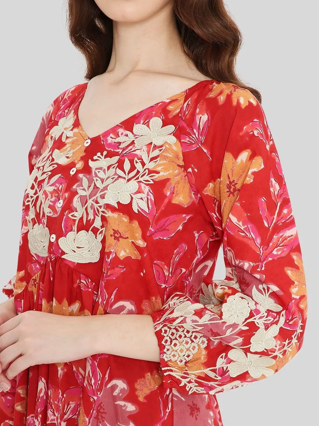 Red Floral Print Cotton Dress with Neck Embroidery