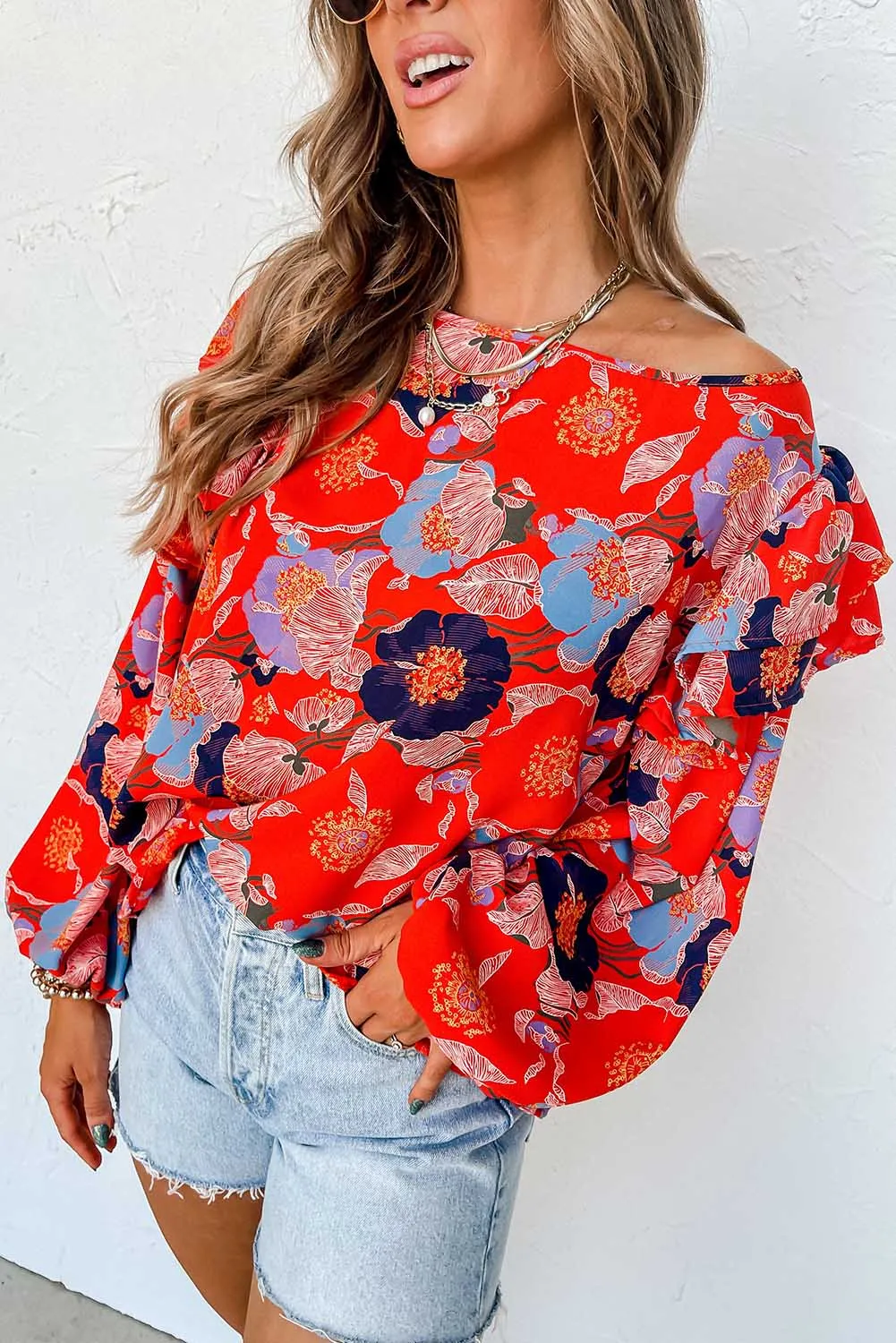 Red Floral Ruffle Puff Sleeve Blouse