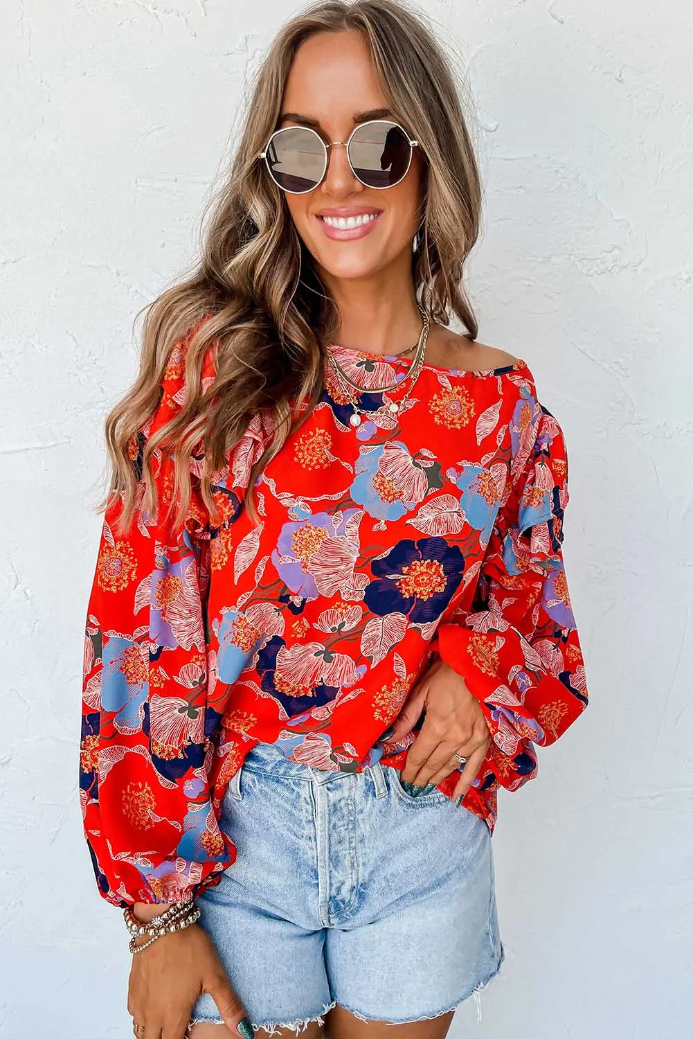 Red Floral Ruffle Puff Sleeve Blouse
