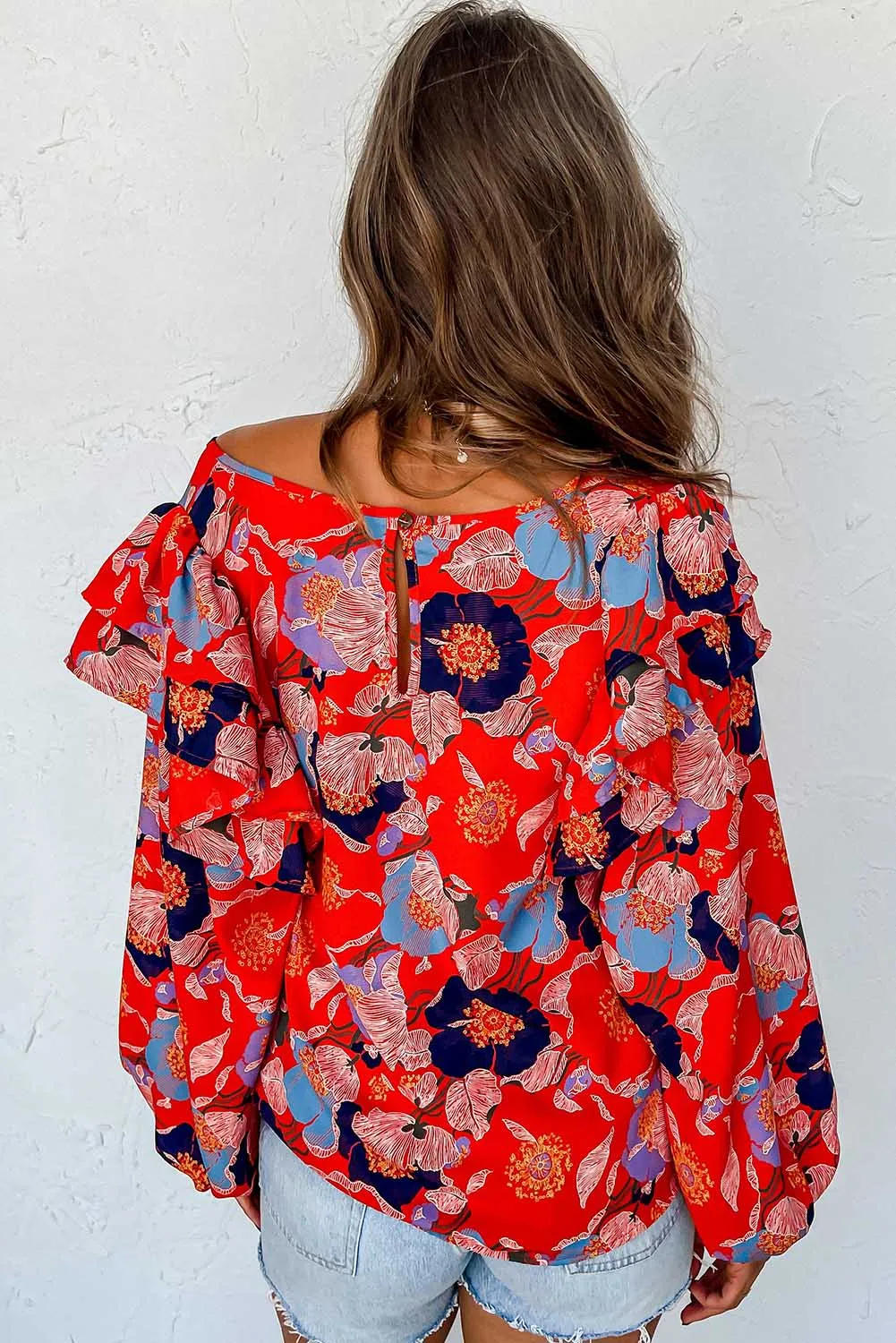 Red Floral Ruffle Puff Sleeve Blouse