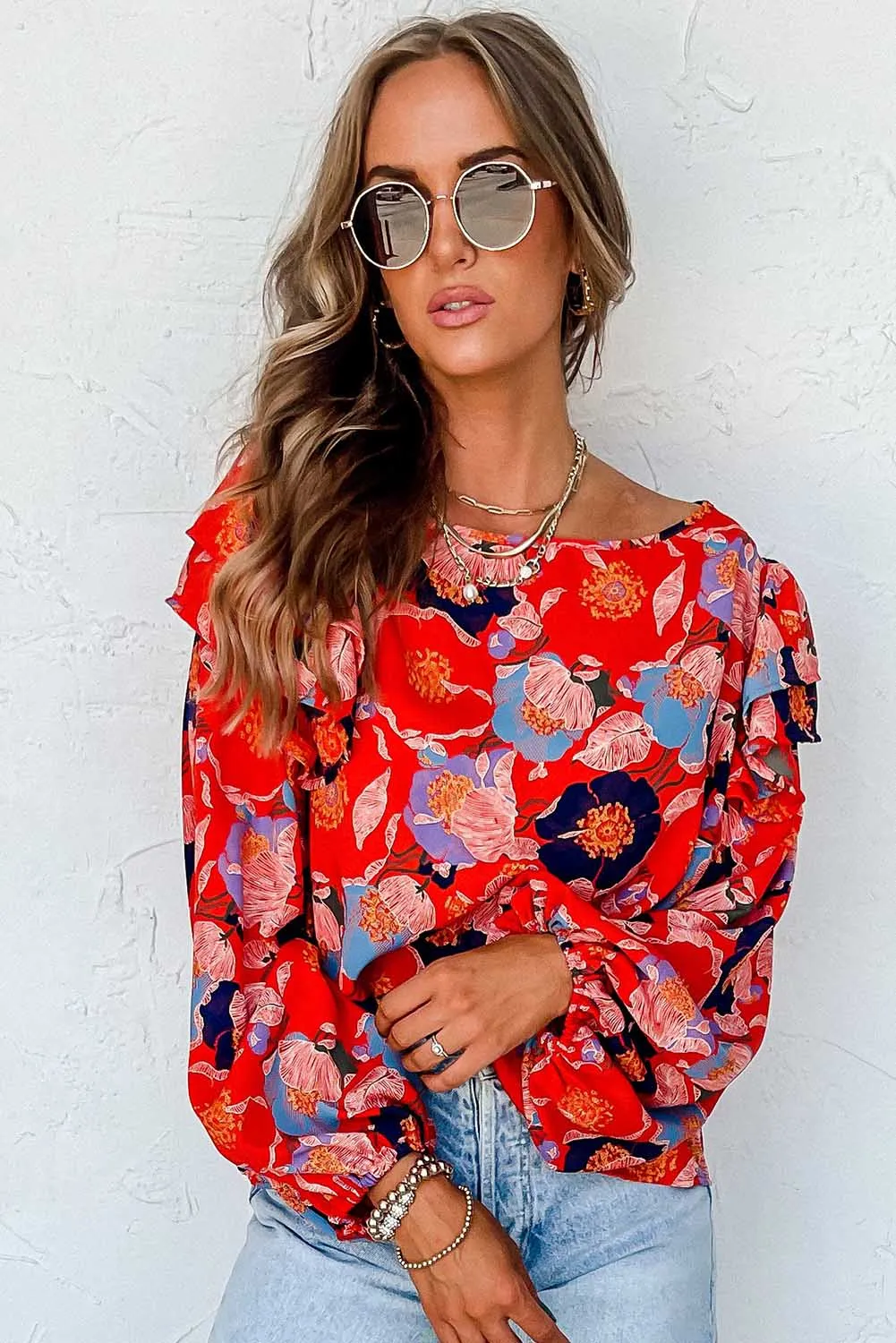 Red Floral Ruffle Puff Sleeve Blouse
