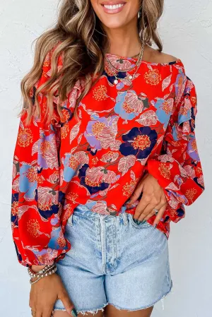 Red Floral Ruffle Puff Sleeve Blouse