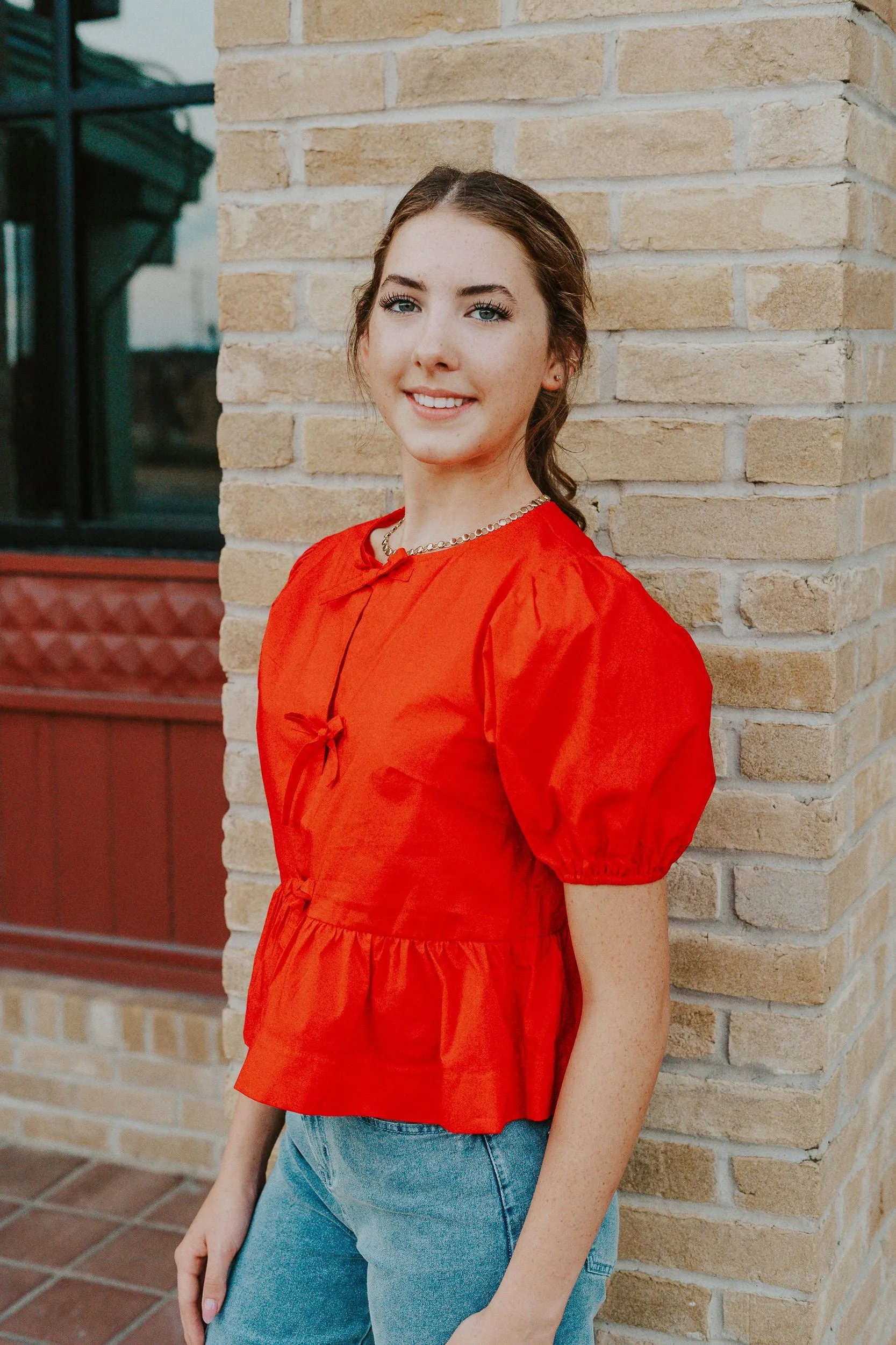 Red Hailey Bot Tie Detail Blouse PT18486