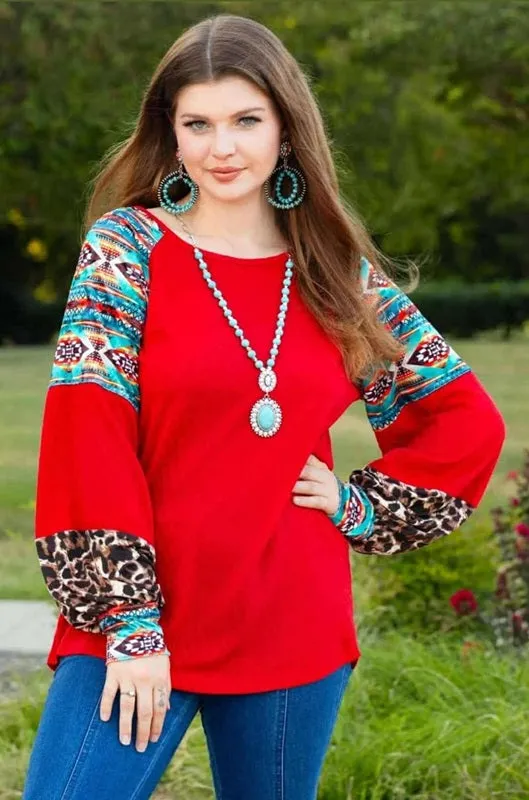 Red top with Tribal & Leopard bubble sleeve