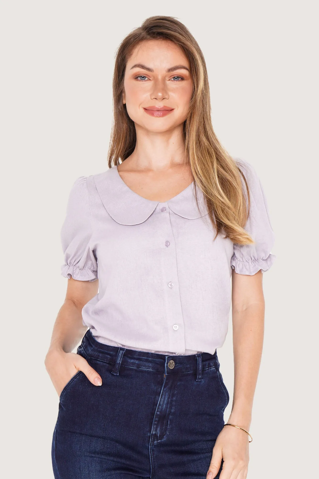 REFORME Linen Peter Pan Collar Puff Sleeve Top