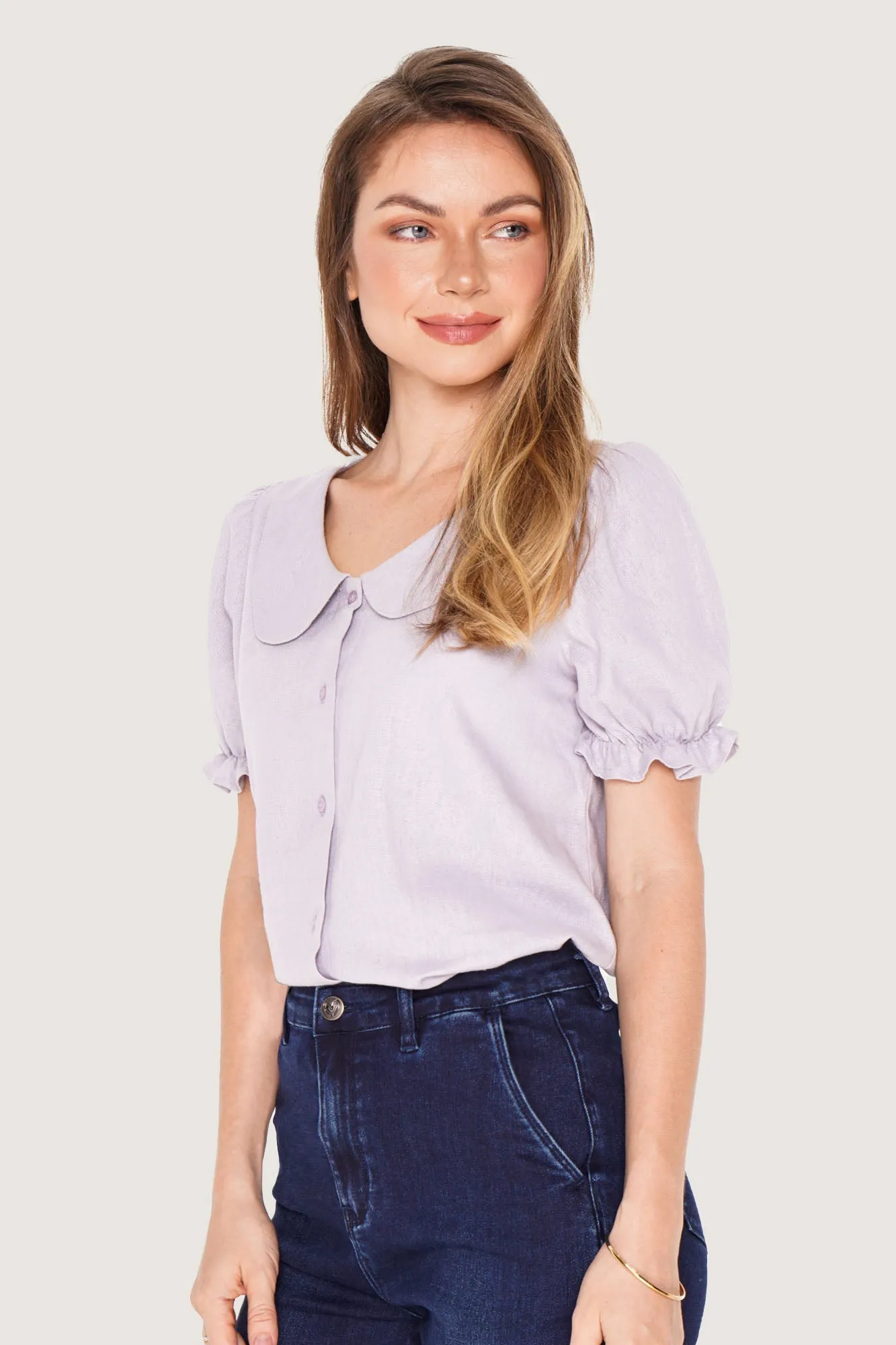 REFORME Linen Peter Pan Collar Puff Sleeve Top