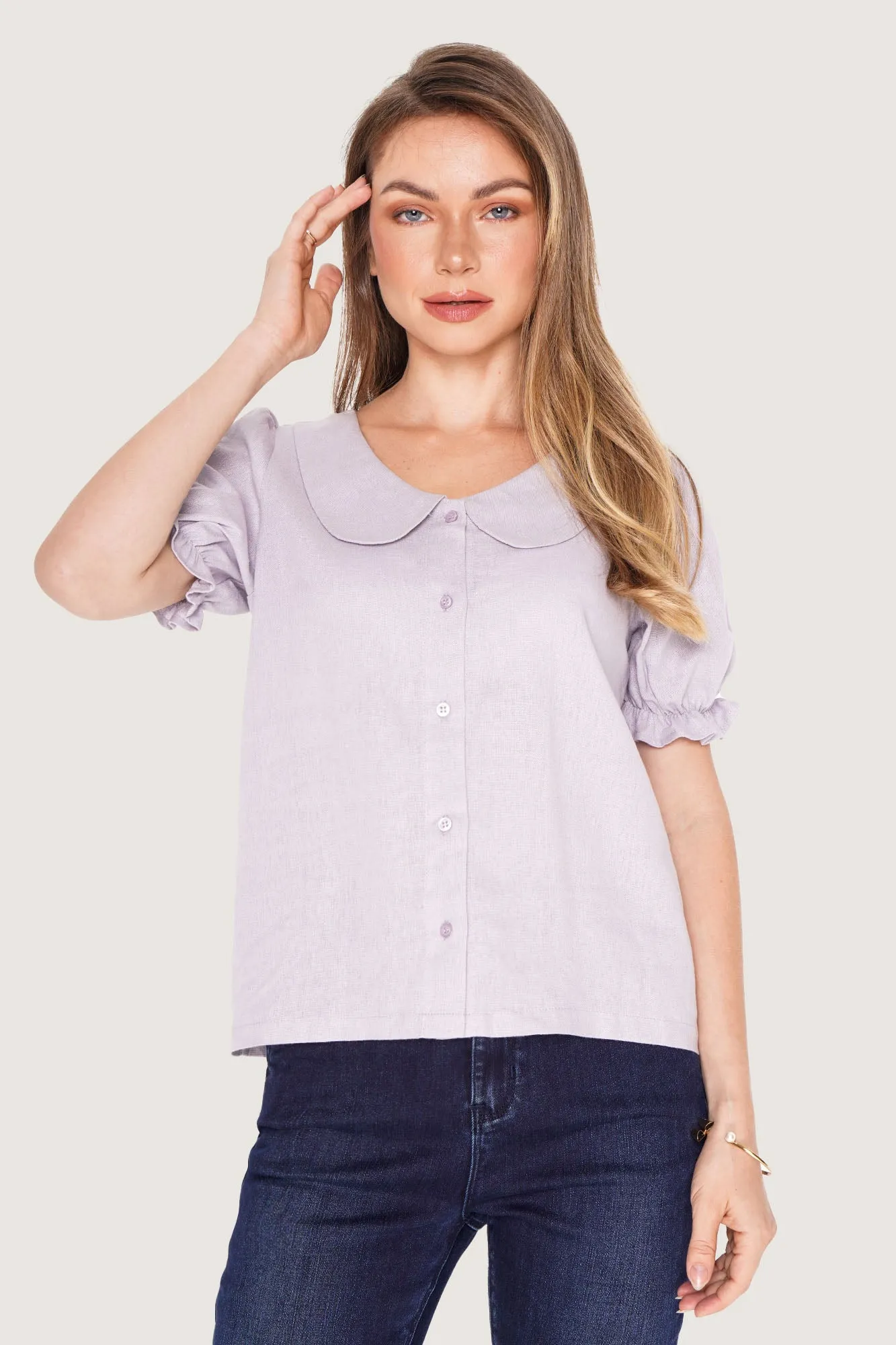 REFORME Linen Peter Pan Collar Puff Sleeve Top