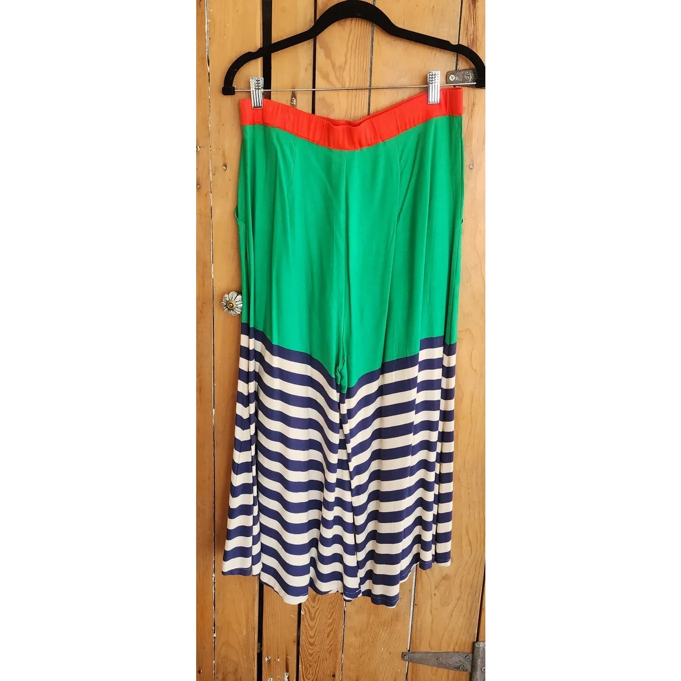 Retro Style Striped Culottes Green Navy Blue High Waisted Sailor Pants / M
