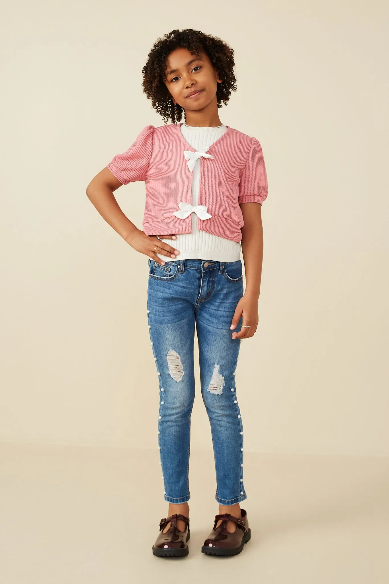 Ribbed Knit Bow Detail Short Sleeve Open Top