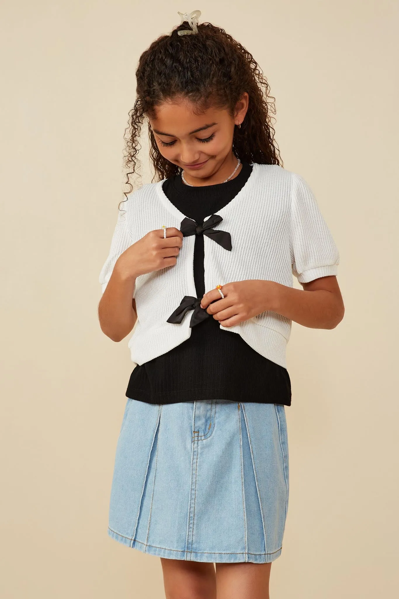 Ribbed Knit Bow Detail Short Sleeve Open Top