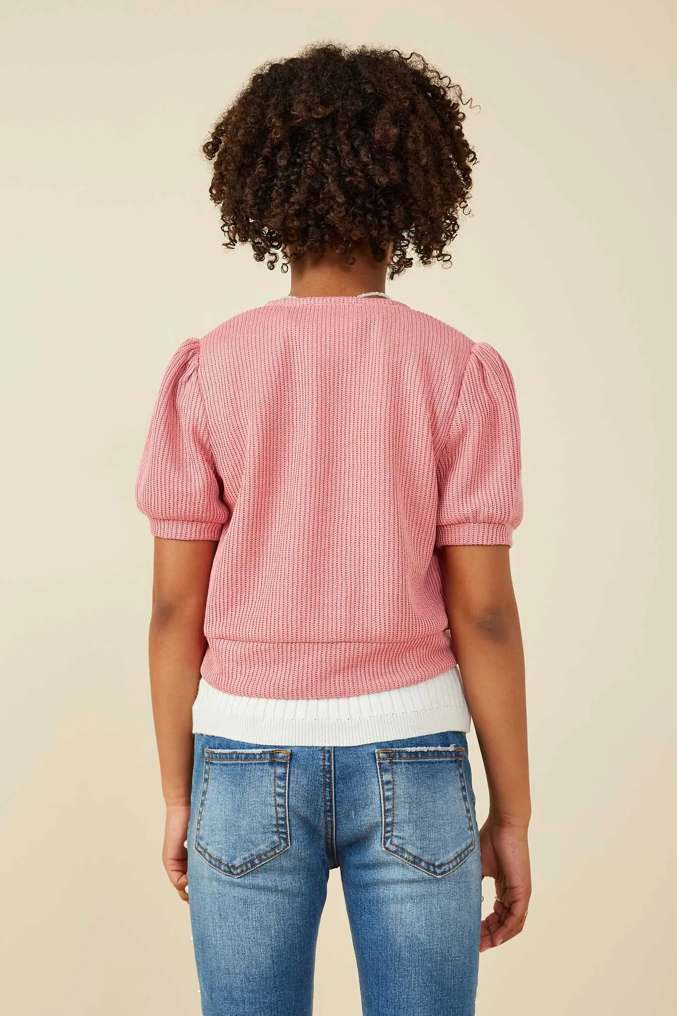 Ribbed Knit Bow Detail Short Sleeve Open Top