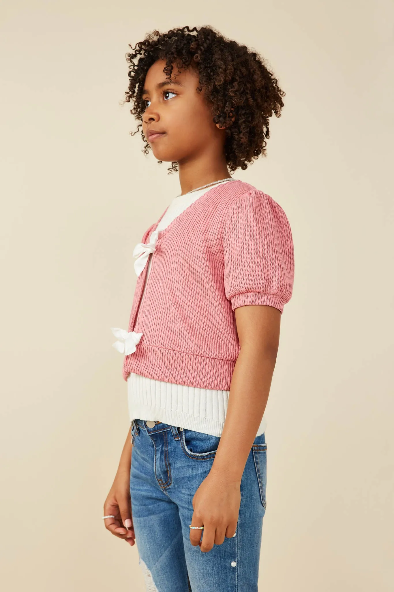 Ribbed Knit Bow Detail Short Sleeve Open Top