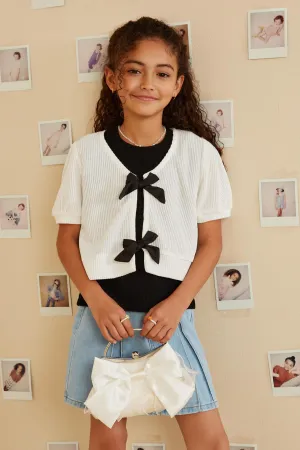 Ribbed Knit Bow Detail Short Sleeve Open Top