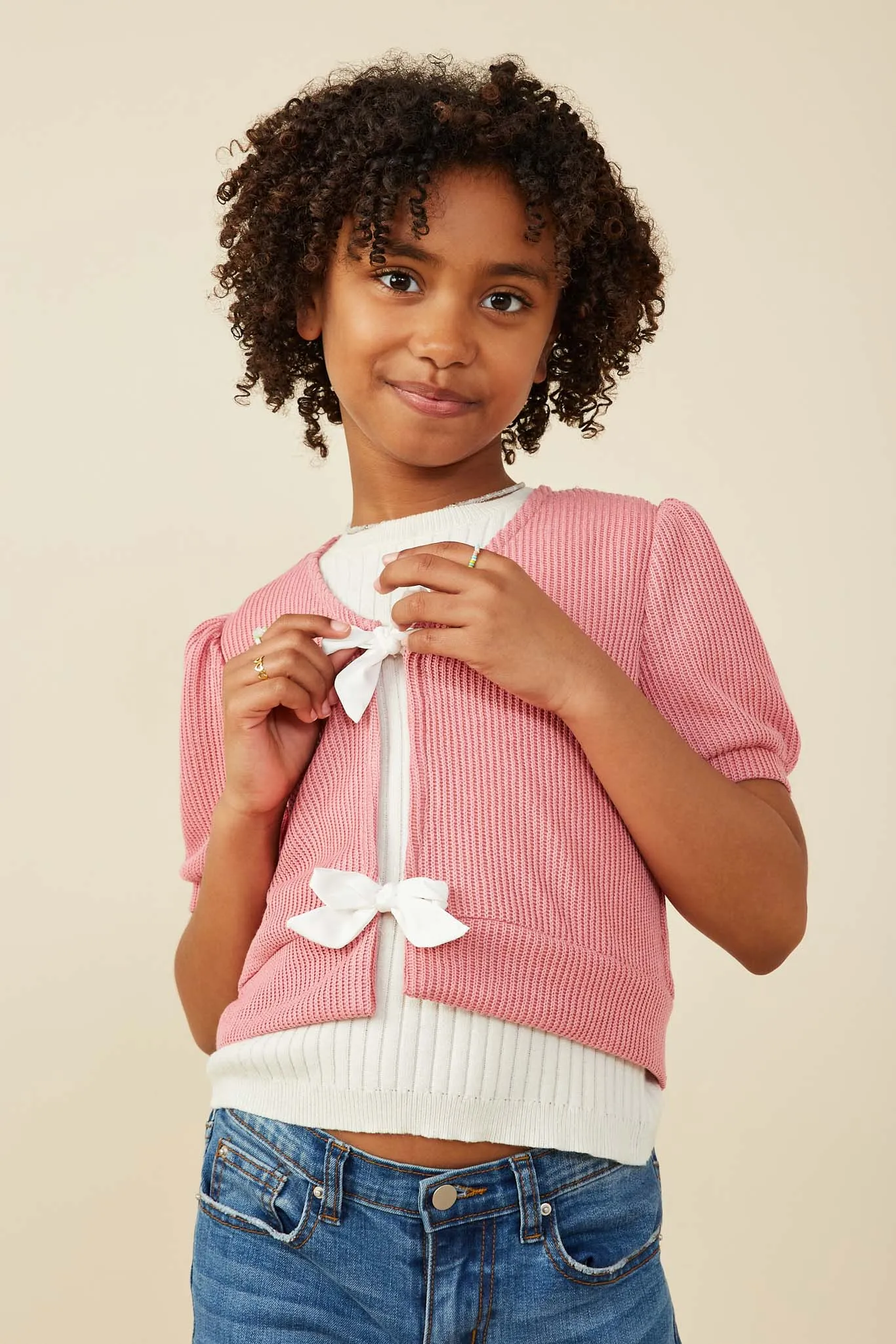 Ribbed Knit Bow Detail Short Sleeve Open Top