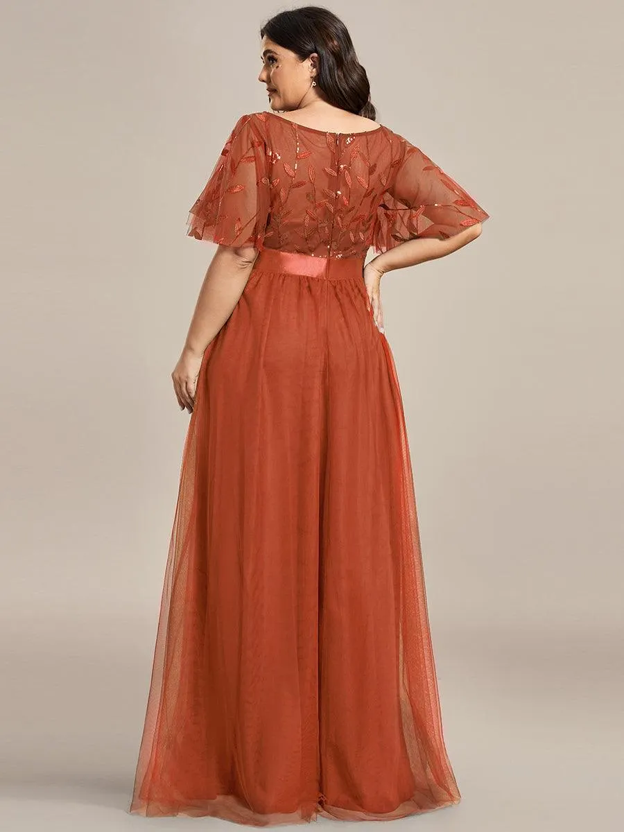 Robes de soirée brodées à manches courtes A-Line pour femmes