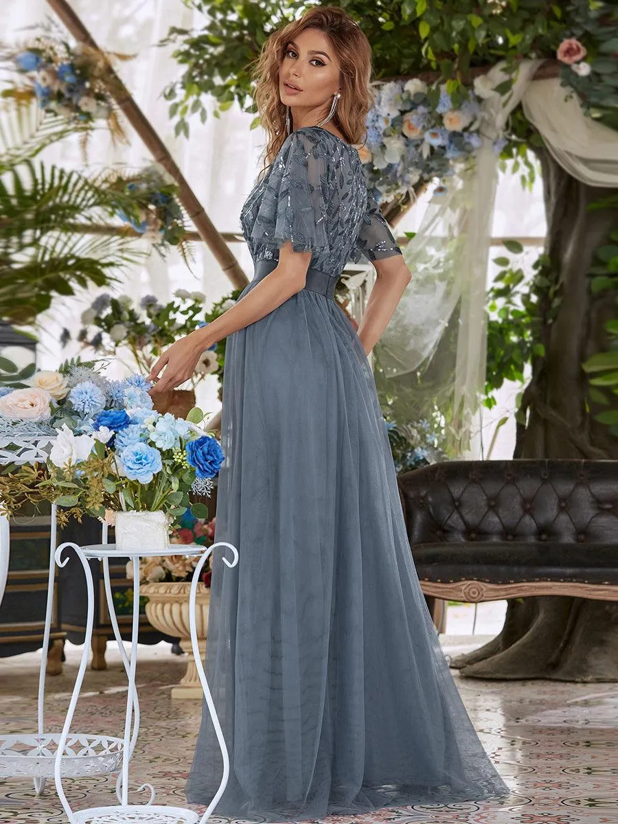 Robes de soirée brodées à manches courtes A-Line pour femmes