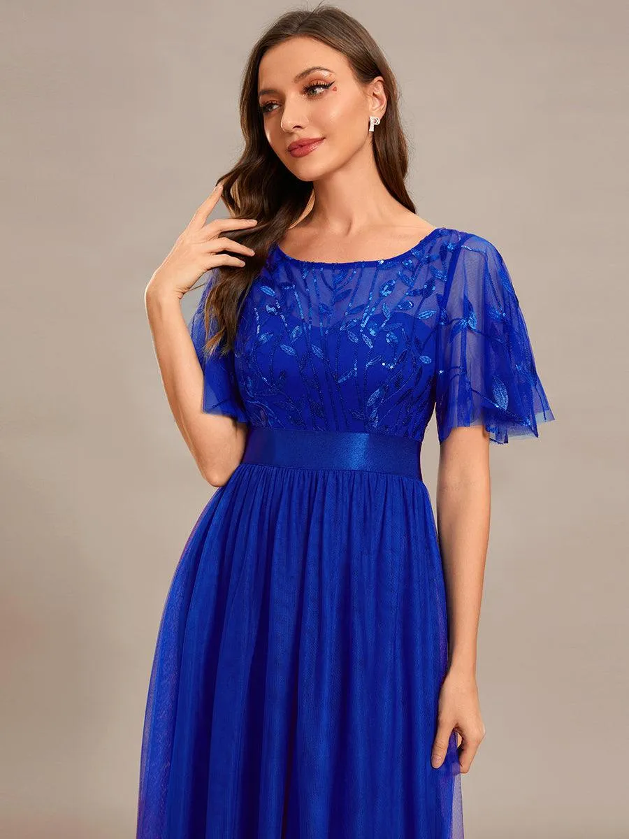 Robes de soirée brodées à manches courtes A-Line pour femmes