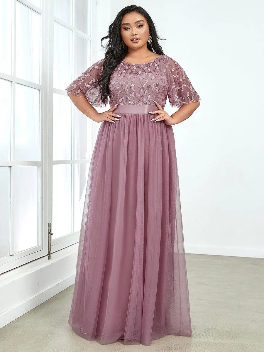Robes de soirée brodées à manches courtes A-Line pour femmes