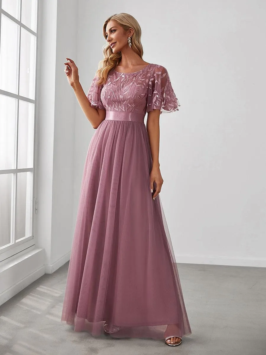 Robes de soirée brodées à manches courtes A-Line pour femmes
