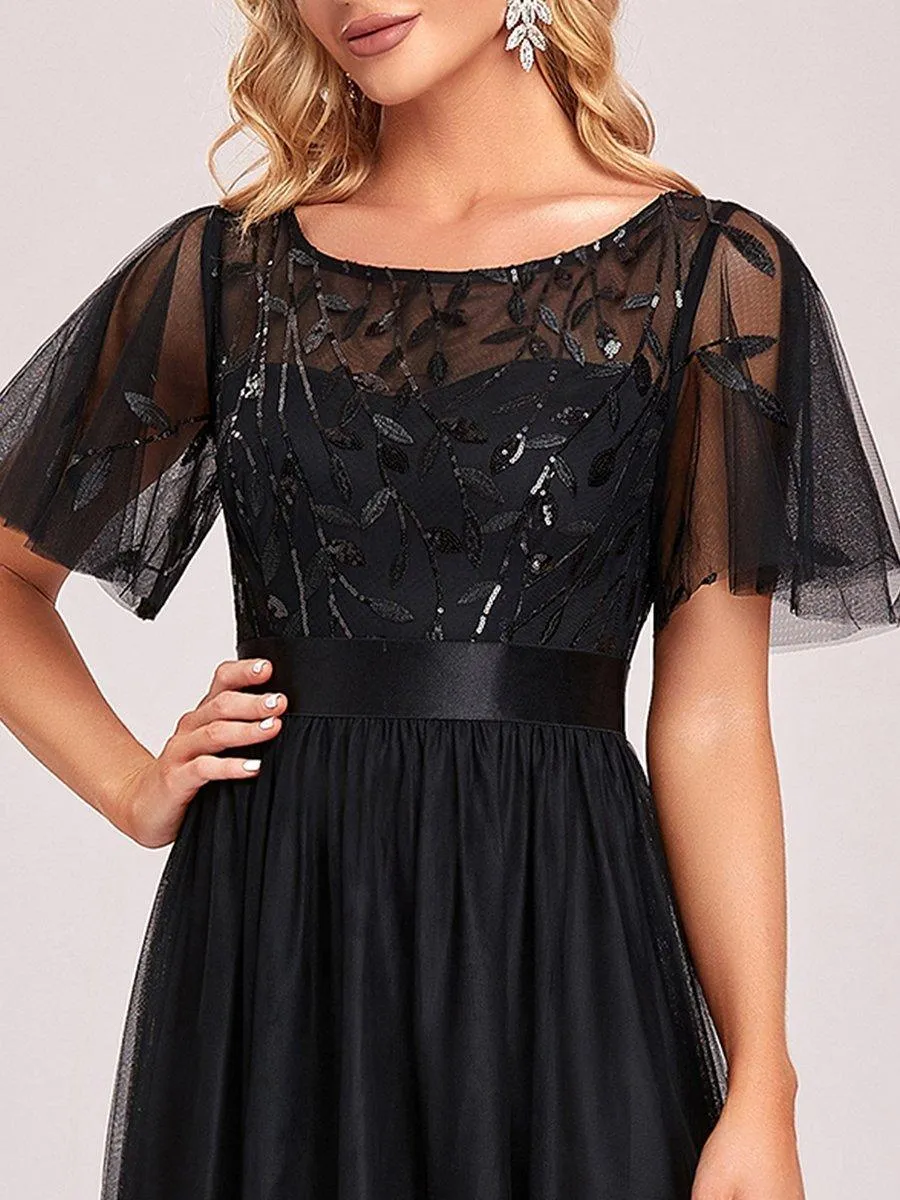 Robes de soirée brodées à manches courtes A-Line pour femmes