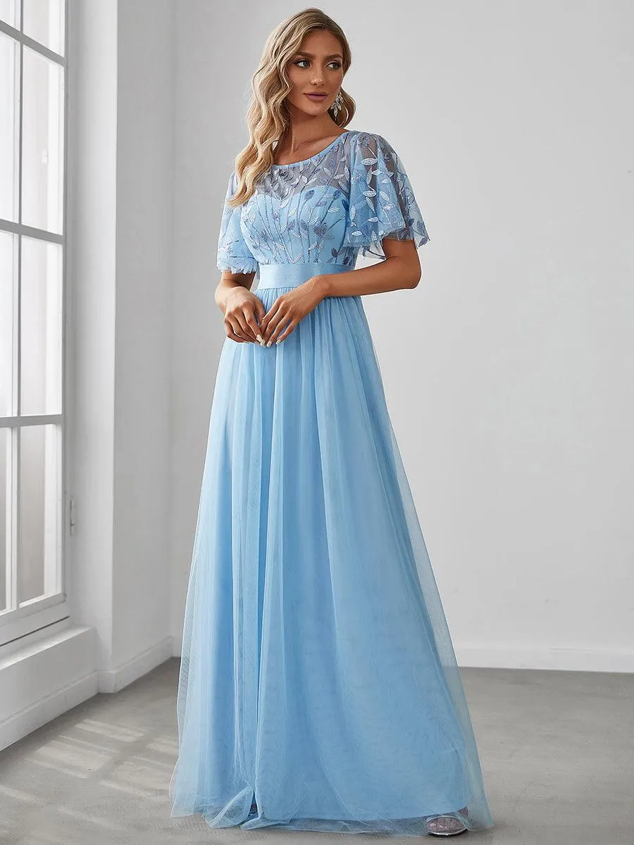 Robes de soirée brodées à manches courtes A-Line pour femmes