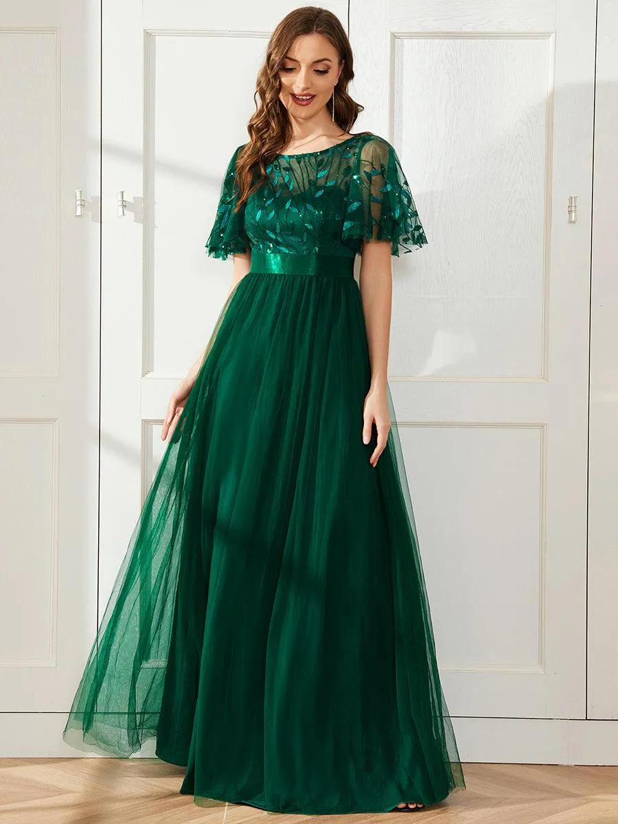 Robes de soirée brodées à manches courtes A-Line pour femmes