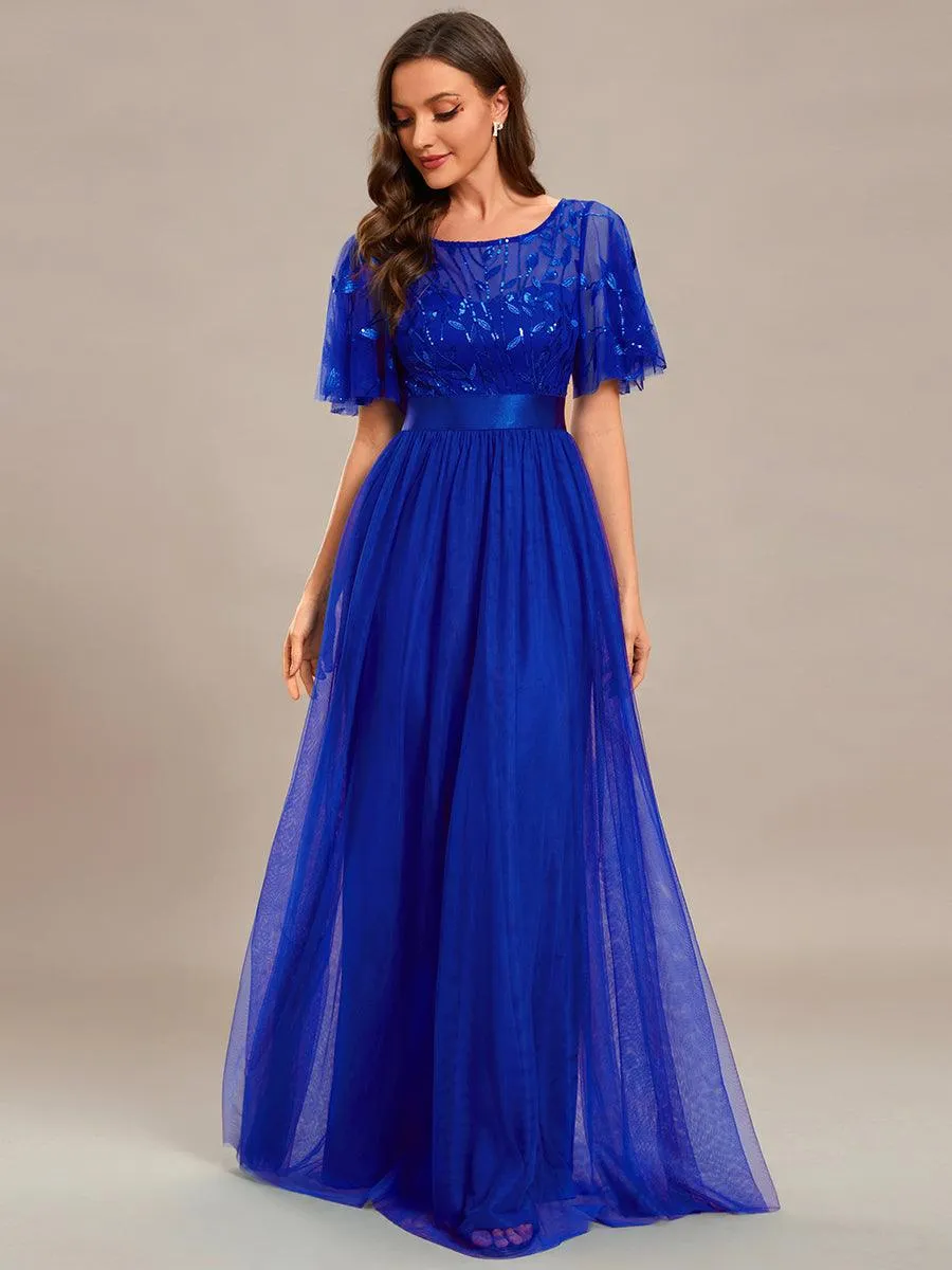 Robes de soirée brodées à manches courtes A-Line pour femmes