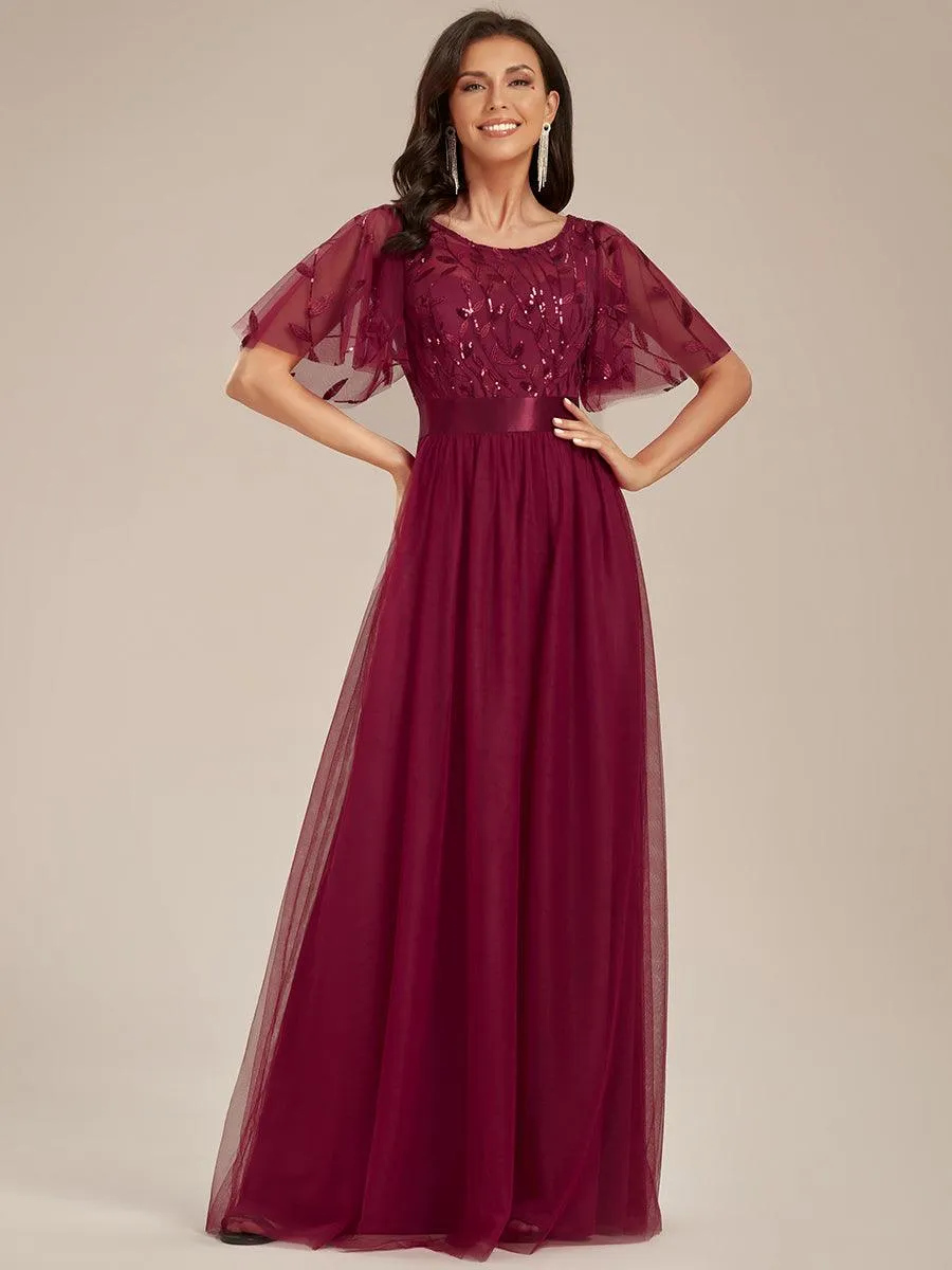 Robes de soirée brodées à manches courtes A-Line pour femmes