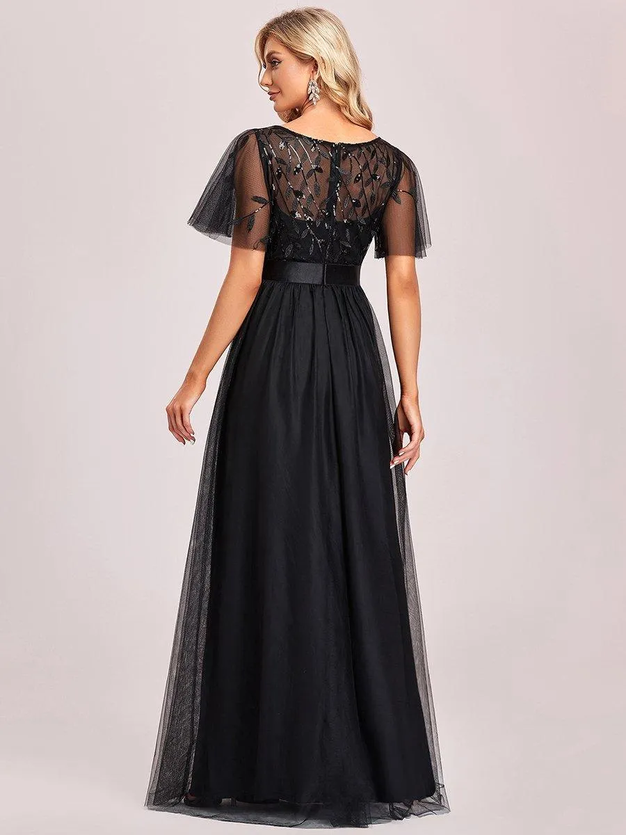 Robes de soirée brodées à manches courtes A-Line pour femmes