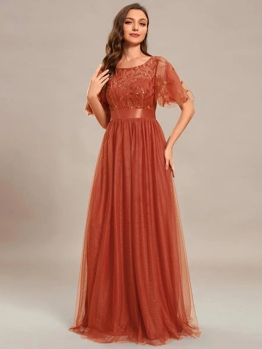 Robes de soirée brodées à manches courtes A-Line pour femmes