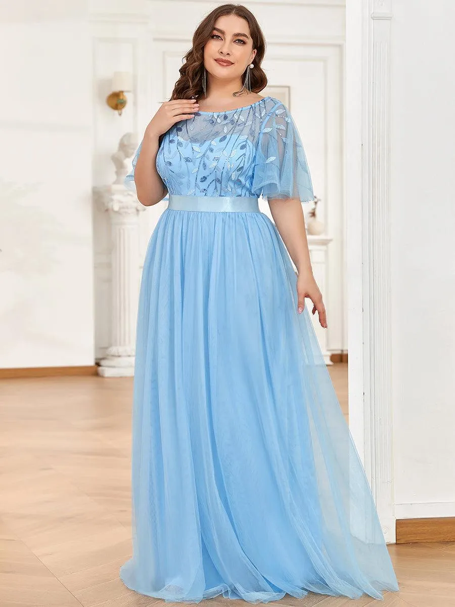 Robes de soirée brodées à manches courtes A-Line pour femmes