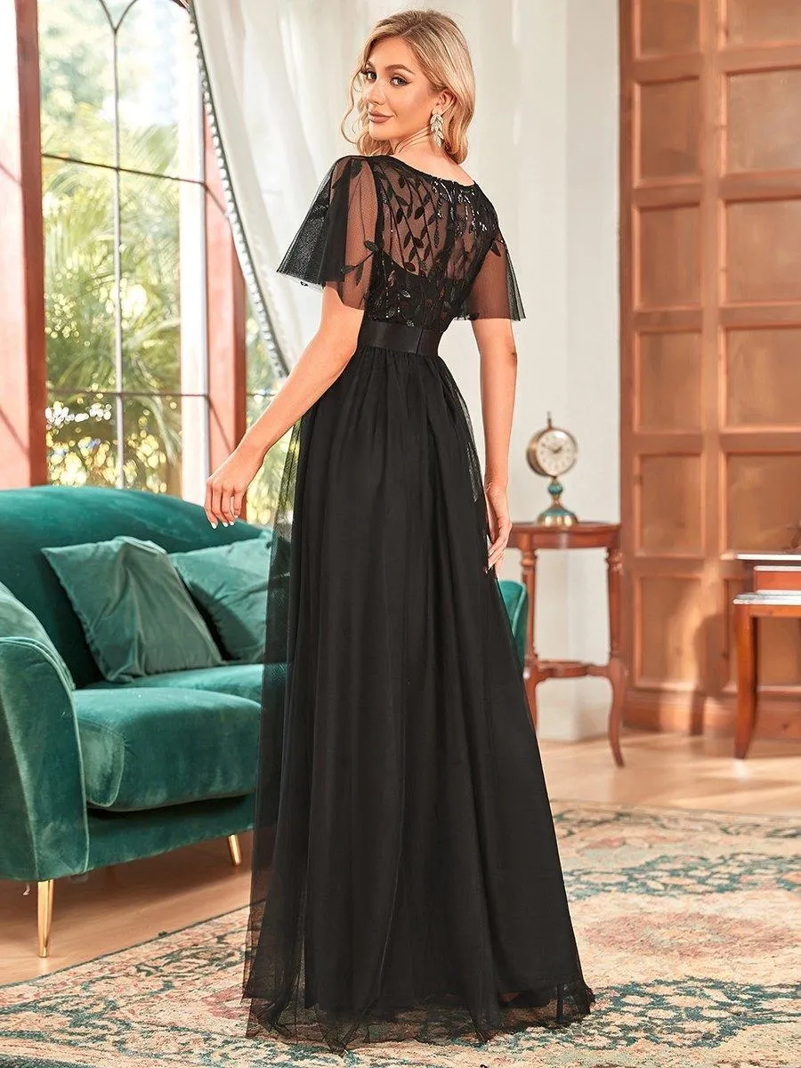 Robes de soirée brodées à manches courtes A-Line pour femmes