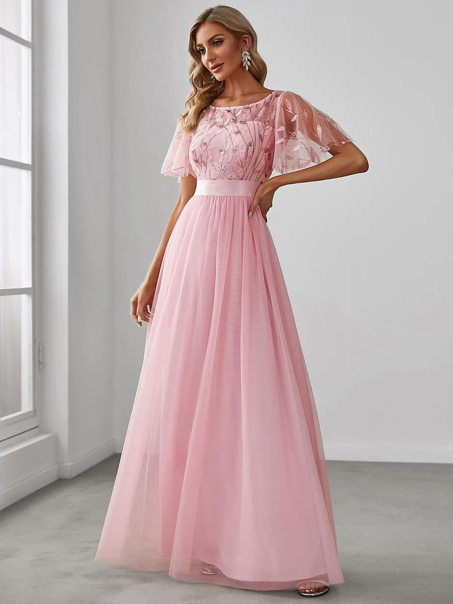 Robes de soirée brodées à manches courtes A-Line pour femmes