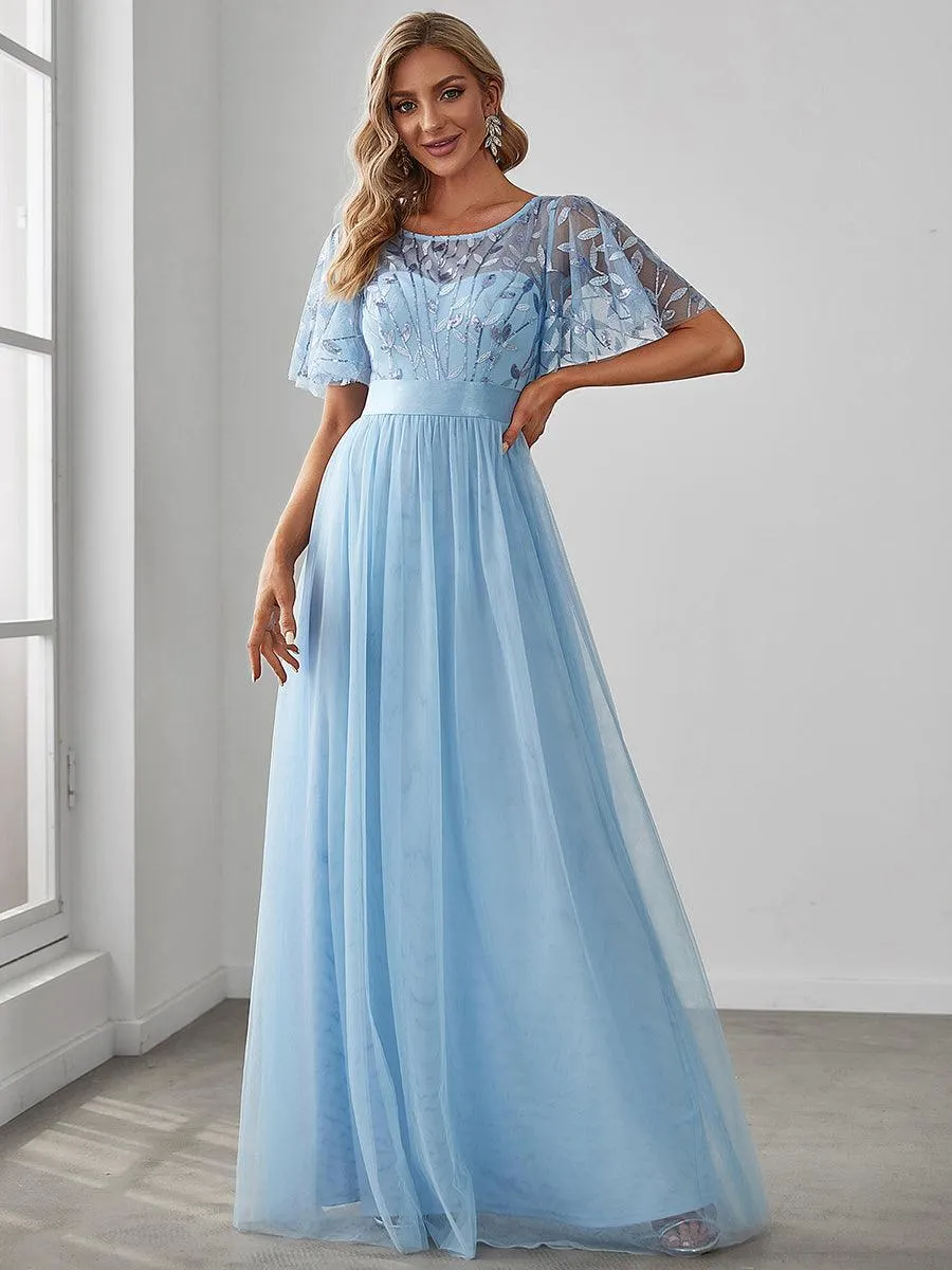 Robes de soirée brodées à manches courtes A-Line pour femmes