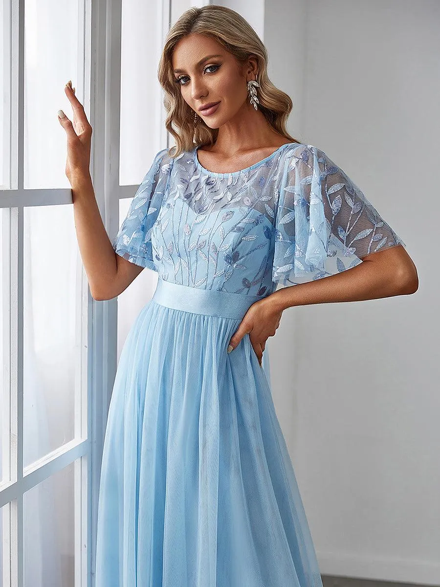 Robes de soirée brodées à manches courtes A-Line pour femmes