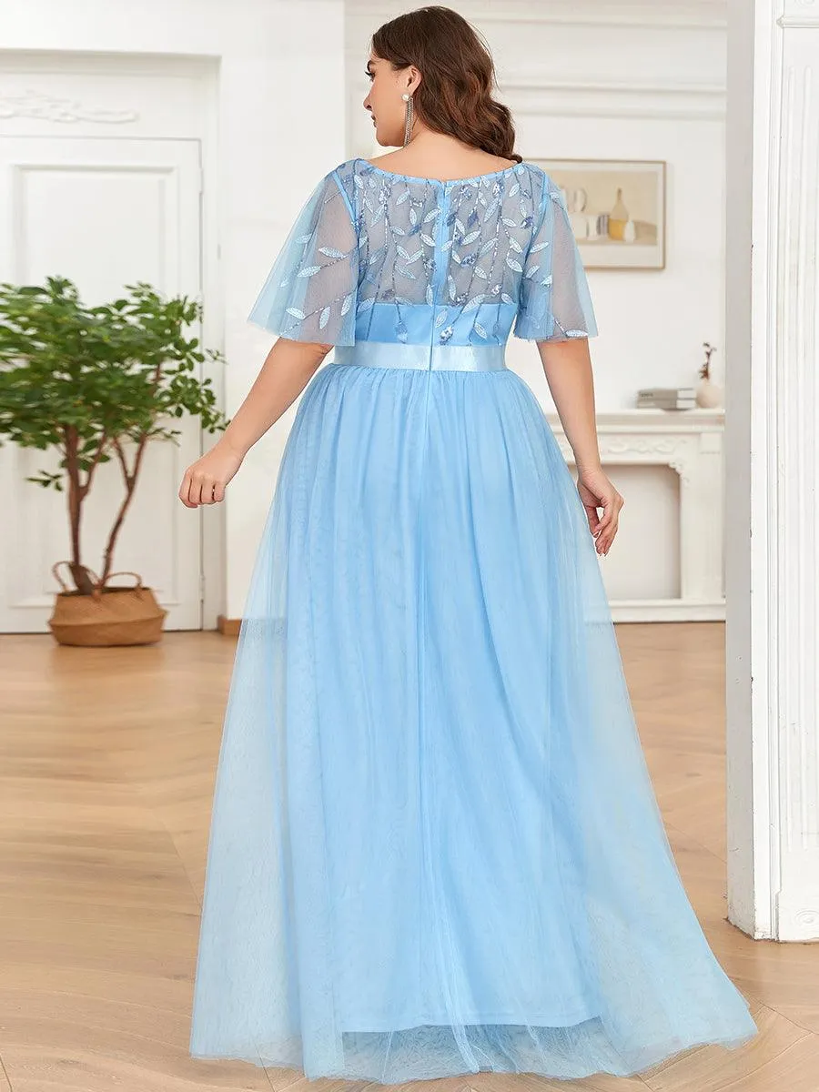 Robes de soirée brodées à manches courtes A-Line pour femmes