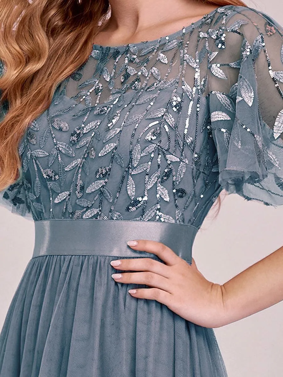 Robes de soirée brodées à manches courtes A-Line pour femmes