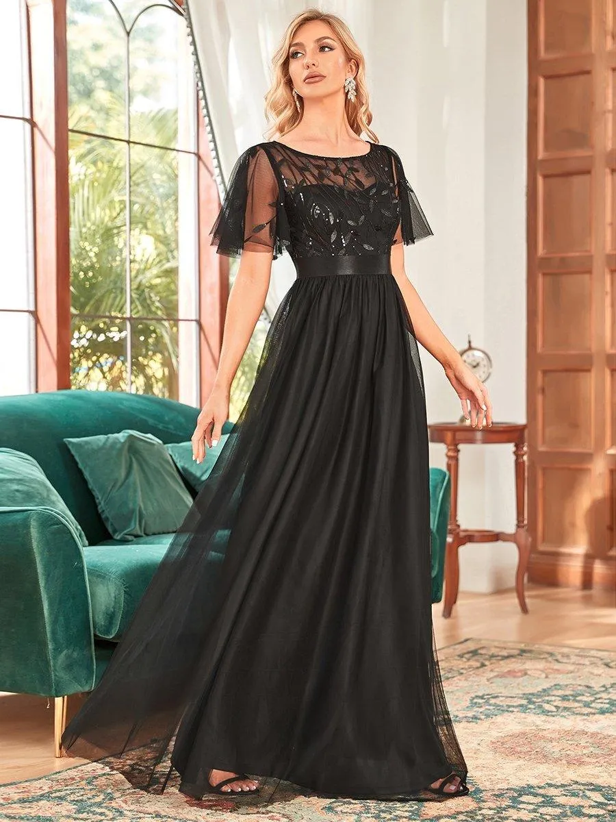 Robes de soirée brodées à manches courtes A-Line pour femmes