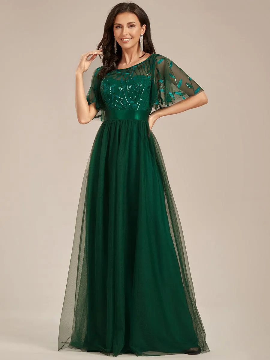 Robes de soirée brodées à manches courtes A-Line pour femmes