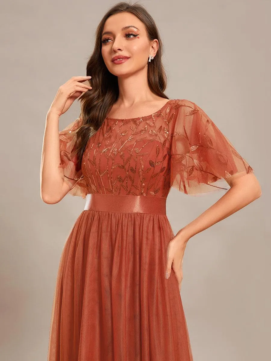 Robes de soirée brodées à manches courtes A-Line pour femmes
