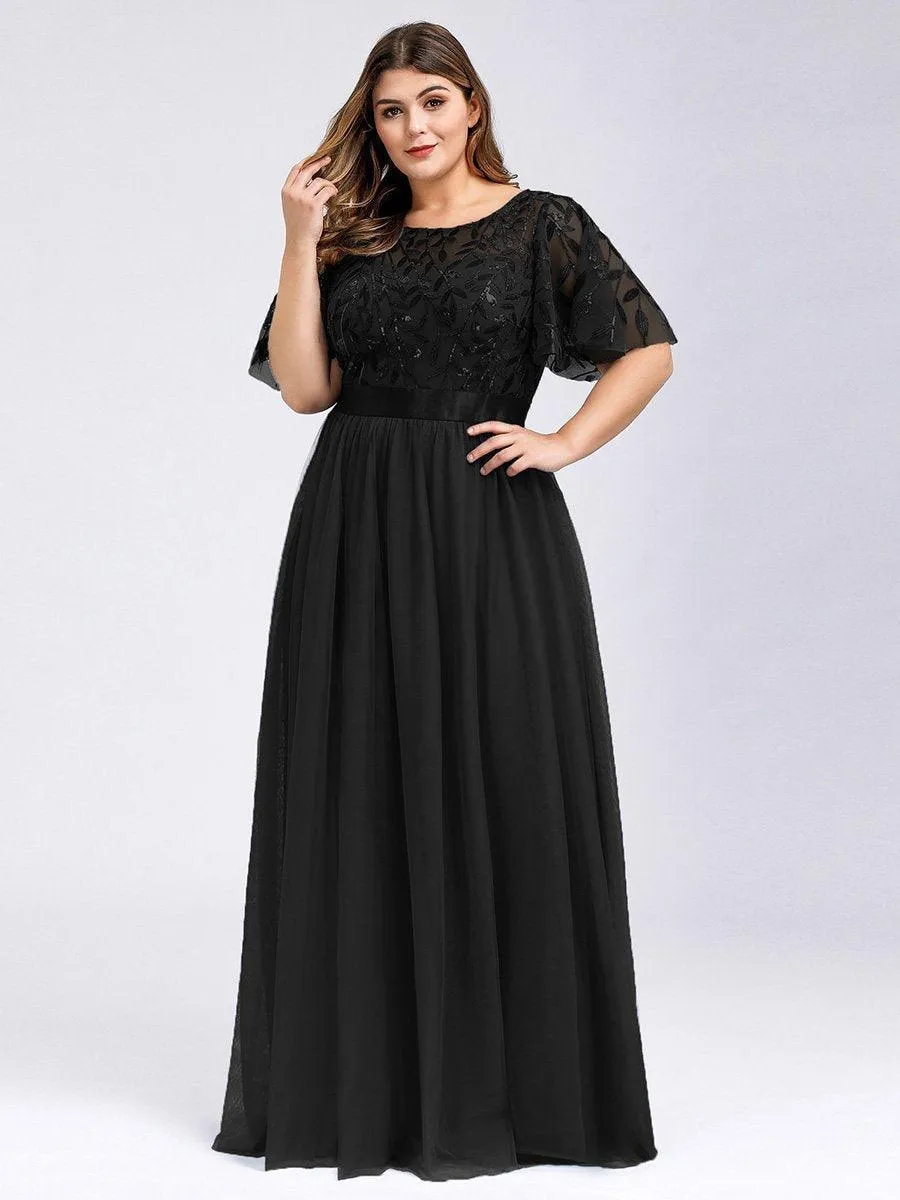 Robes de soirée brodées à manches courtes A-Line pour femmes